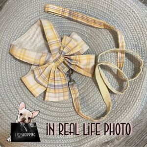 Plaid Bow Harness & leash set Yellow, gray, off white.